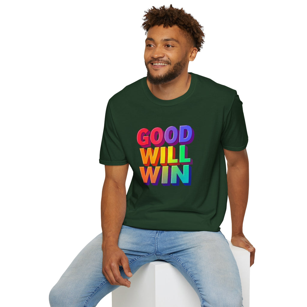Camiseta unisex de estilo suave con mensaje positivo "Arcoíris, buena voluntad, triunfo"