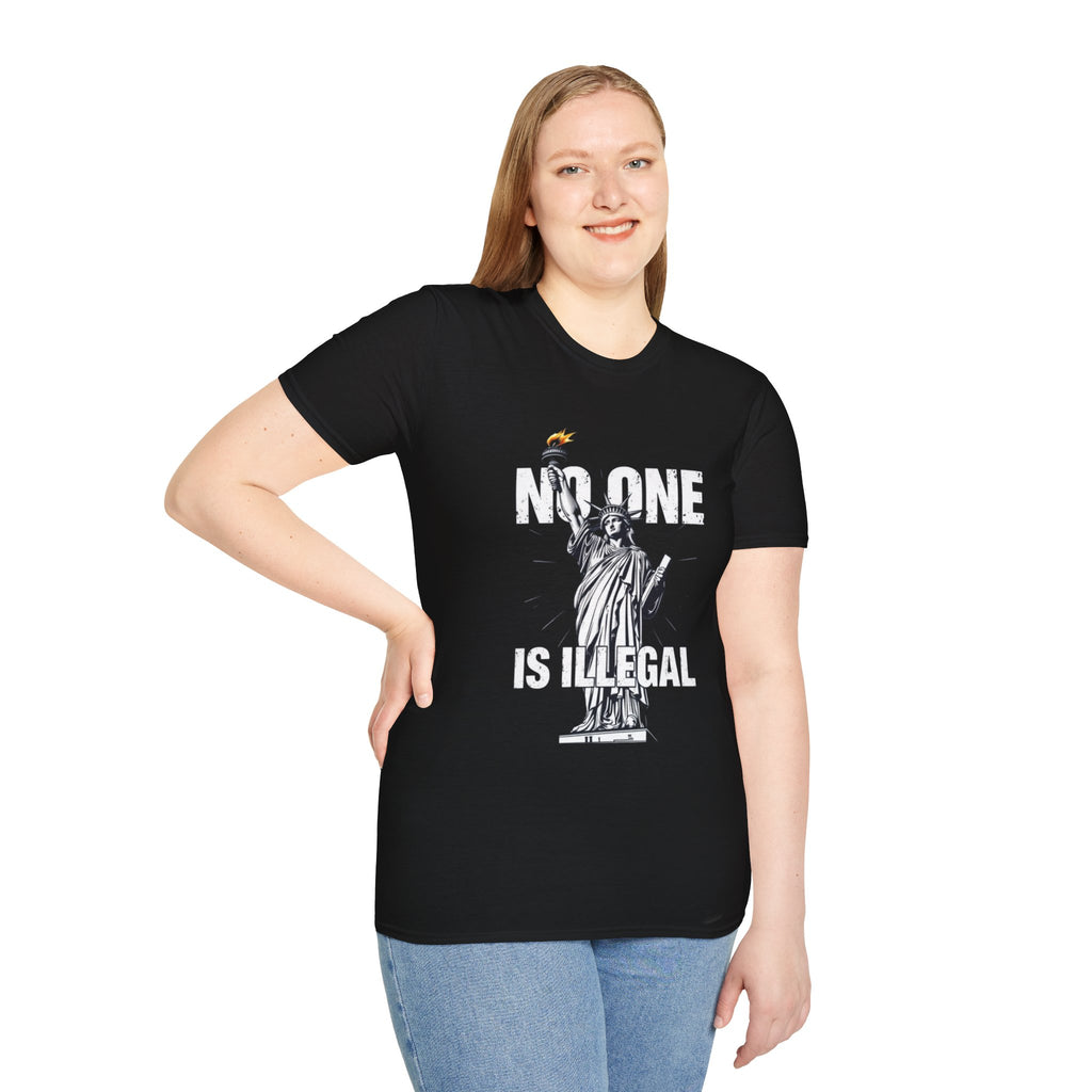 Camiseta unisex de estilo suave: camiseta gráfica con el lema "Nadie es ilegal" para defensores de la justicia social