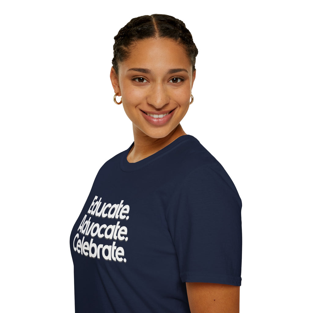Educate. Advocate. Celebrate. Minimalist Pride T-Shirt