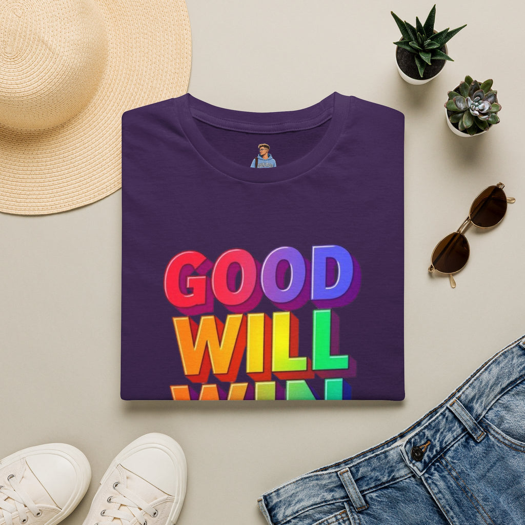 Camiseta unisex de estilo suave con mensaje positivo "Arcoíris, buena voluntad, triunfo"
