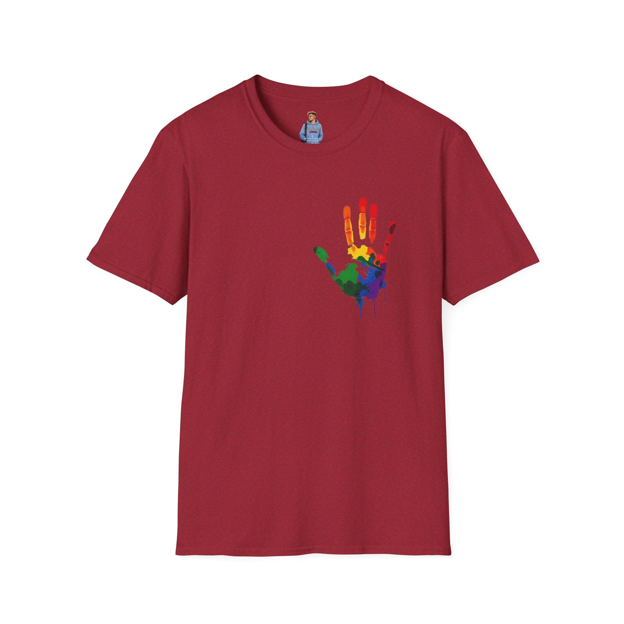 Camiseta unisex de estilo suave con arte inclusivo: «Huella de arcoíris, todos pertenecemos»