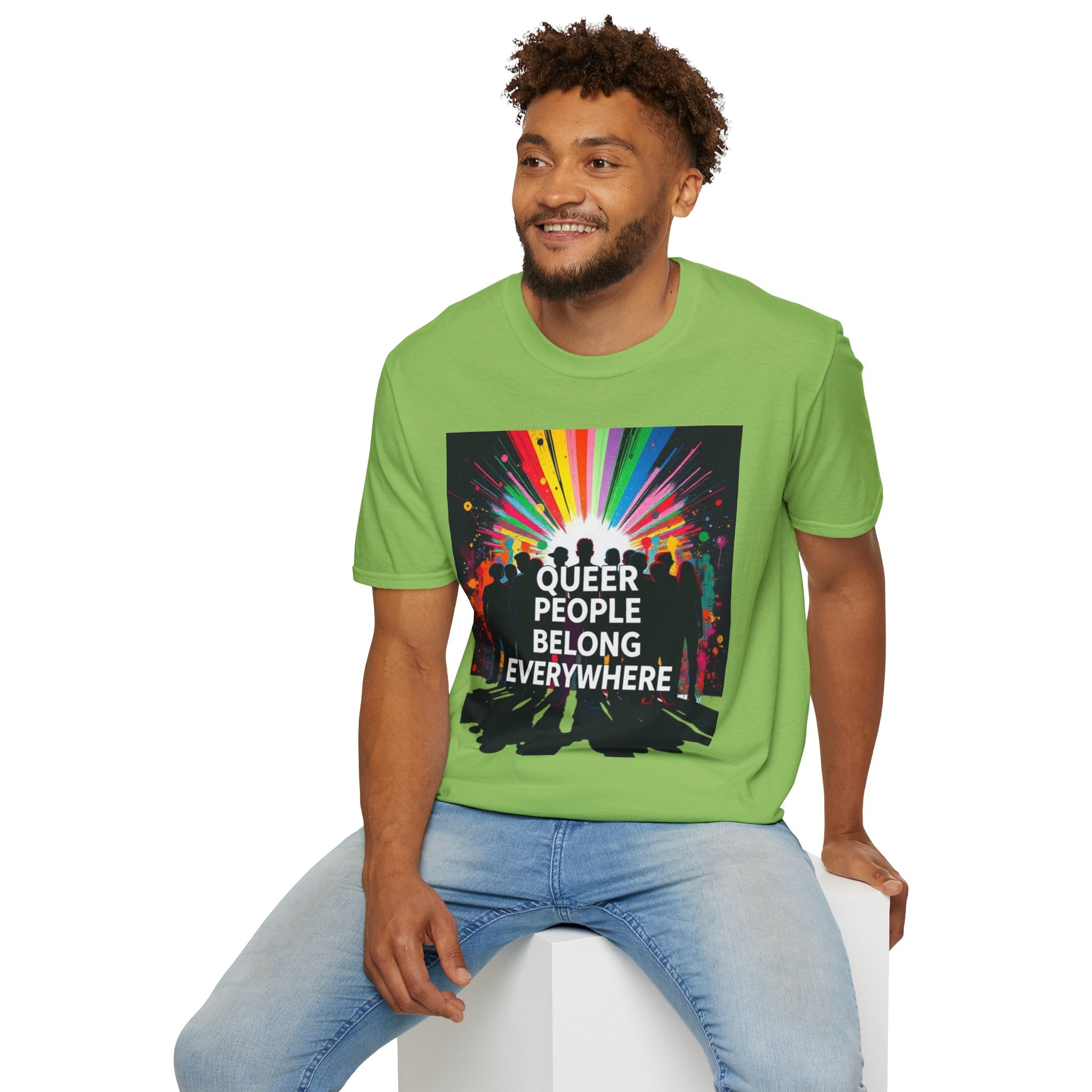 Unisex Softstyle T-Shirt - 'Queer People Belong Everywhere' Pride Graphic Tee