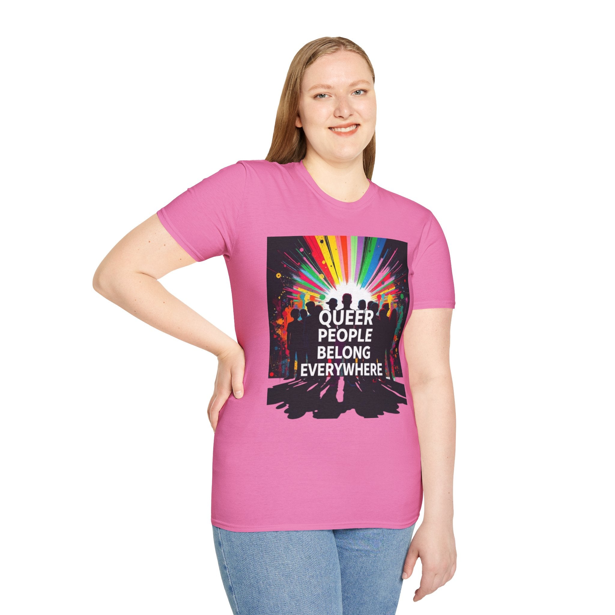 Unisex Softstyle T-Shirt - 'Queer People Belong Everywhere' Pride Graphic Tee