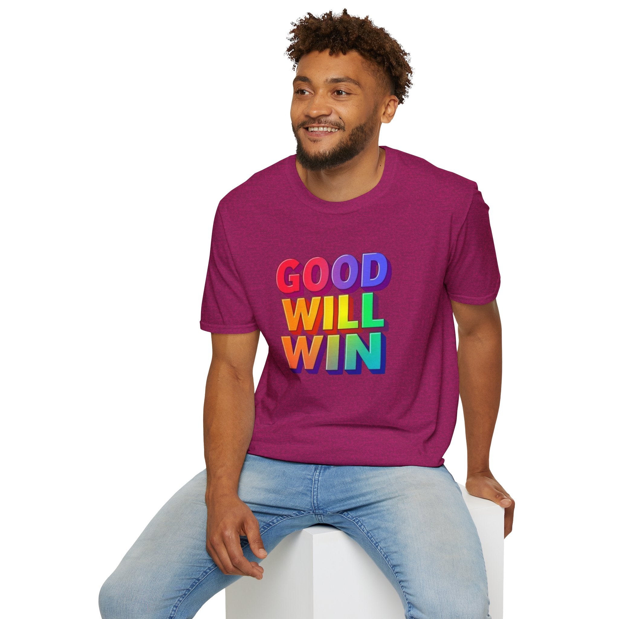 Camiseta unisex de estilo suave con mensaje positivo "Arcoíris, buena voluntad, triunfo"