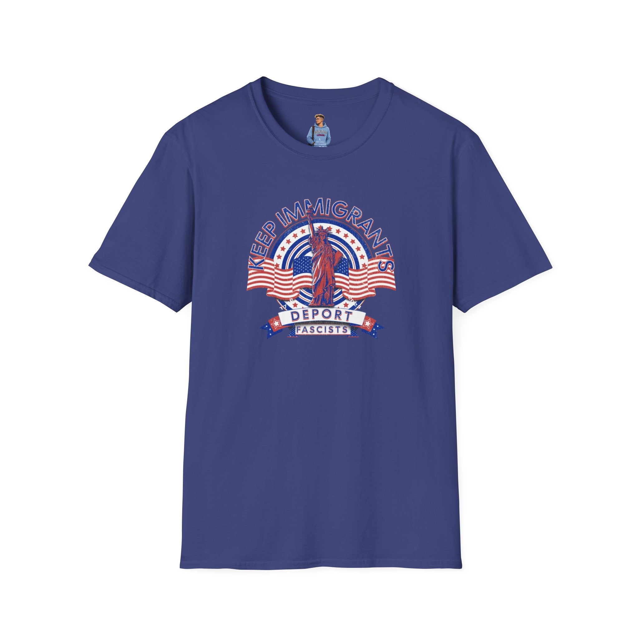 Camiseta unisex Patriota estadounidense: Mantengamos a los inmigrantes y deportemos a los fascistas: celebremos la libertad y la diversidad