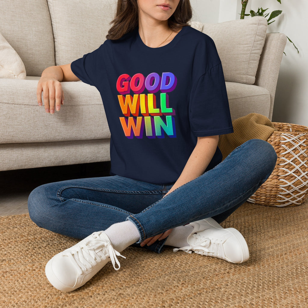 Camiseta unisex de estilo suave con mensaje positivo "Arcoíris, buena voluntad, triunfo"