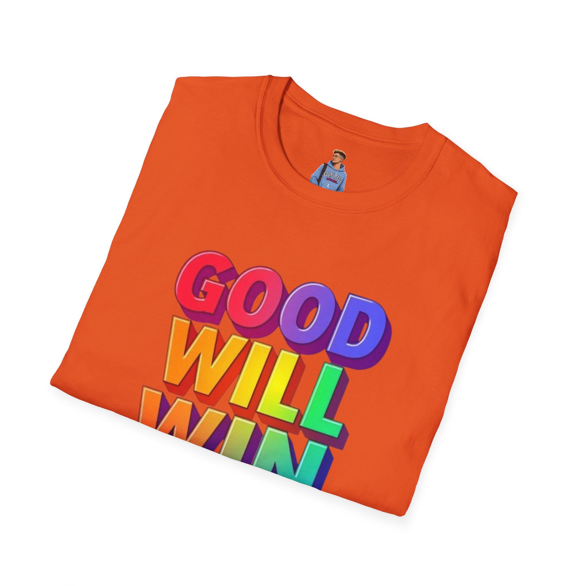Camiseta unisex de estilo suave con mensaje positivo "Arcoíris, buena voluntad, triunfo"