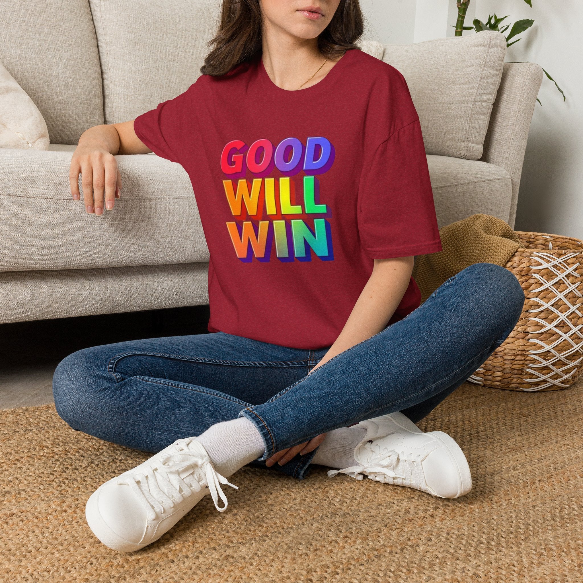 Camiseta unisex de estilo suave con mensaje positivo "Arcoíris, buena voluntad, triunfo"