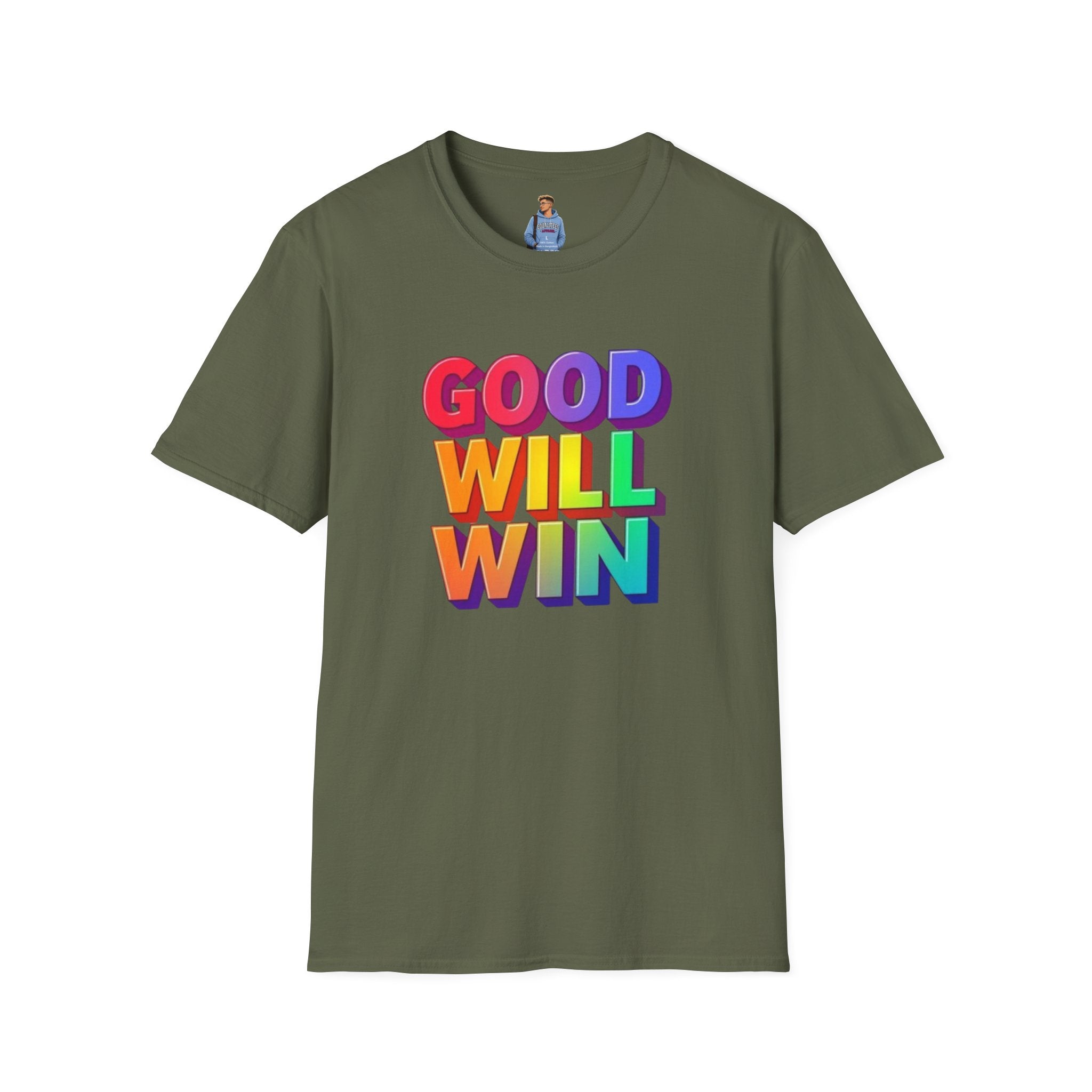 Camiseta unisex de estilo suave con mensaje positivo "Arcoíris, buena voluntad, triunfo"