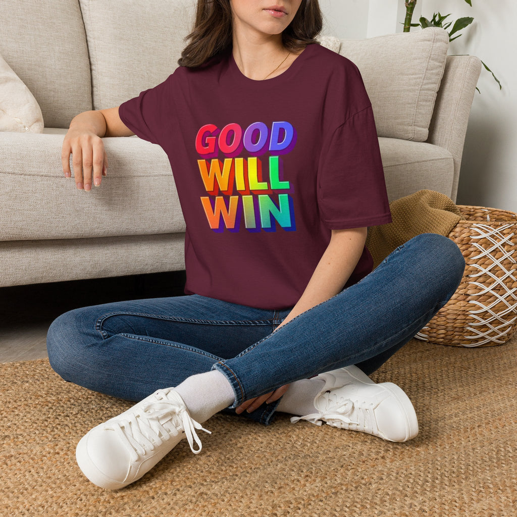 Camiseta unisex de estilo suave con mensaje positivo "Arcoíris, buena voluntad, triunfo"