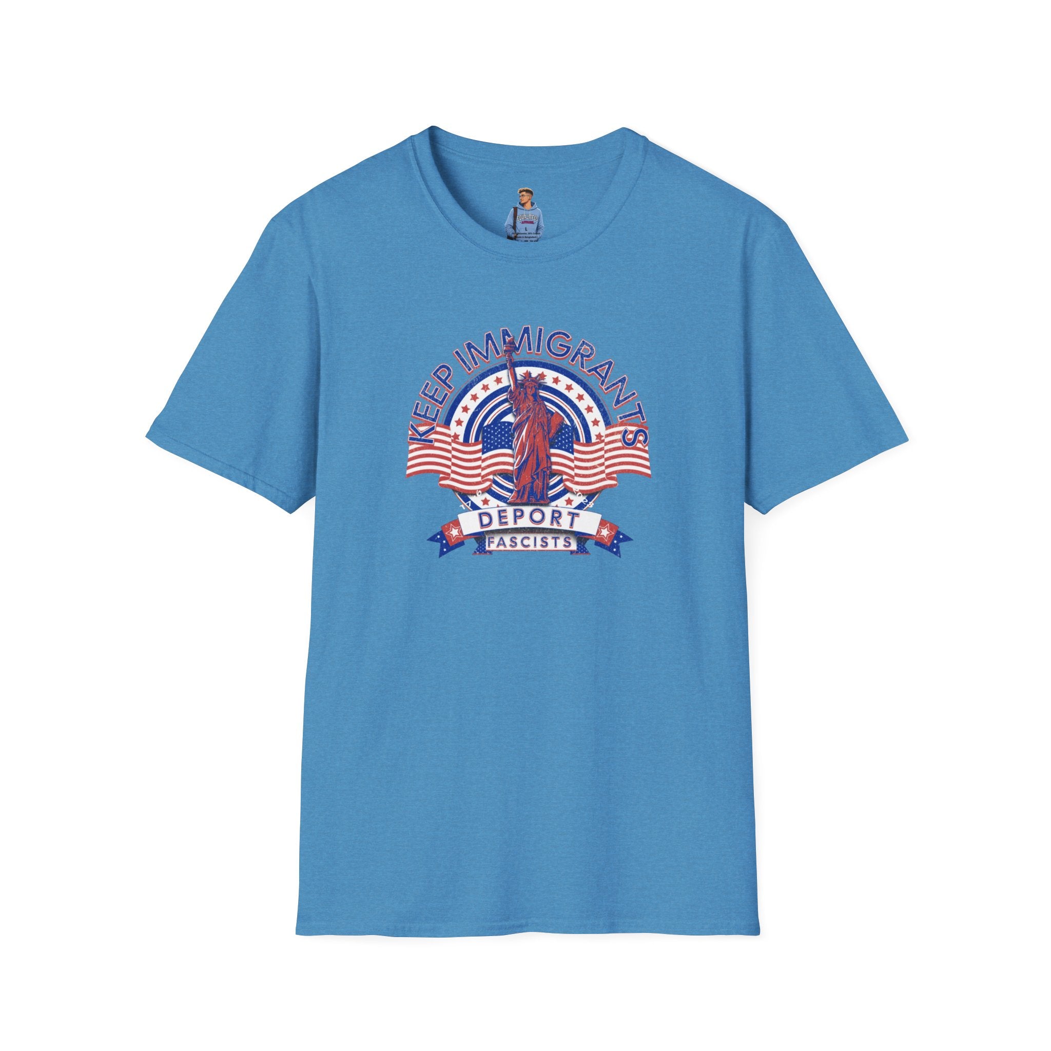 Camiseta unisex Patriota estadounidense: Mantengamos a los inmigrantes y deportemos a los fascistas: celebremos la libertad y la diversidad