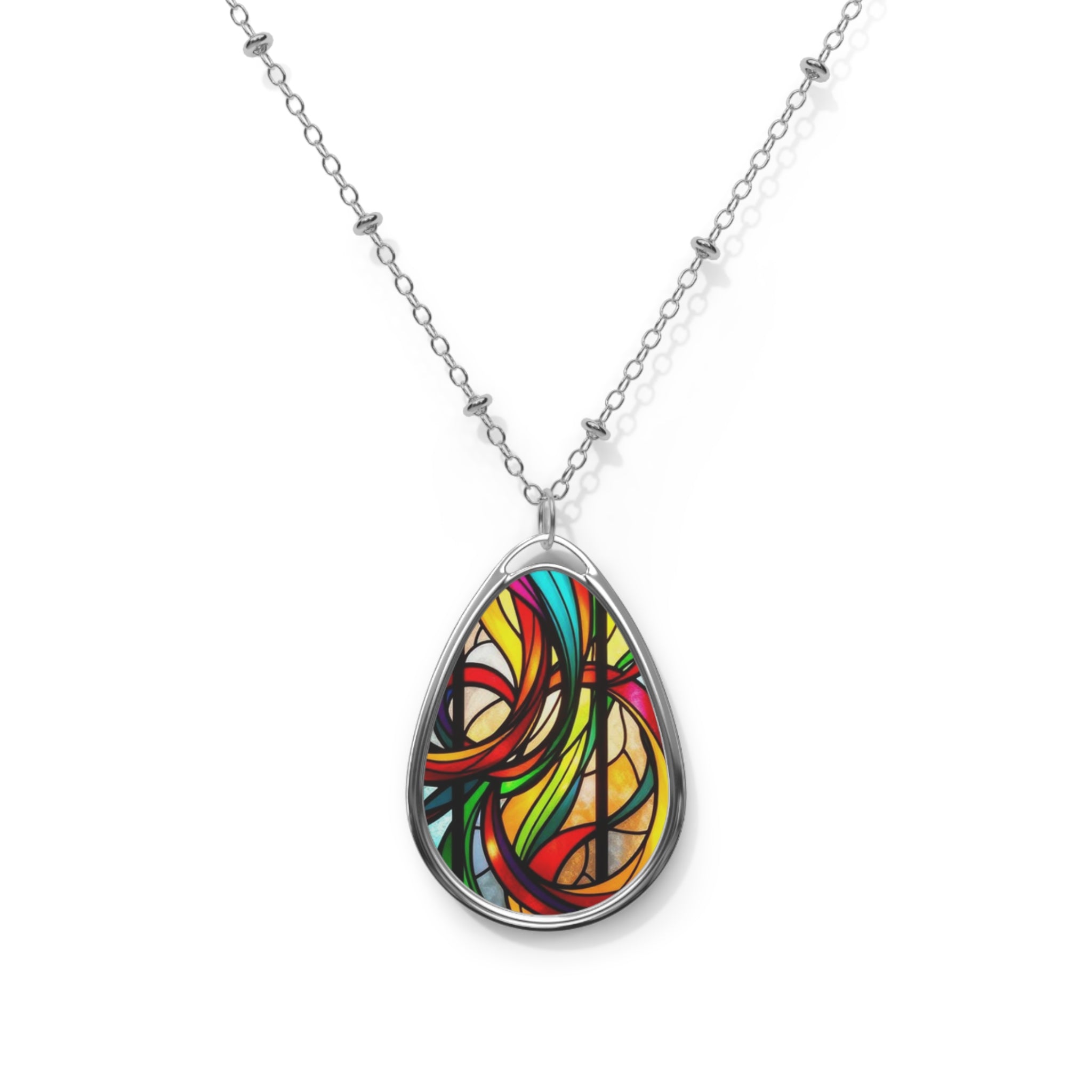 Stained Glass Design Teardrop Pendant Necklace