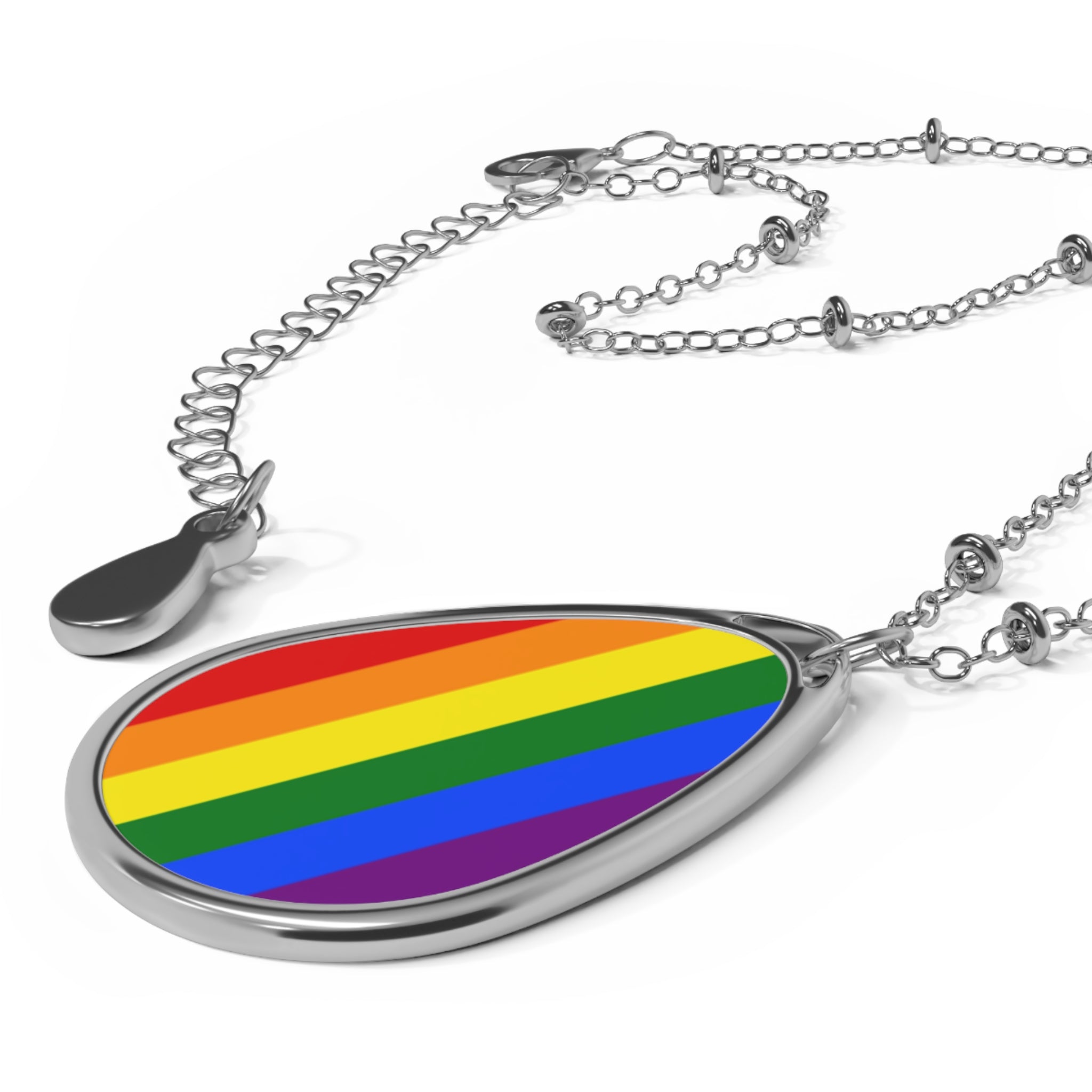 Rainbow Pride Oval Necklace - Stylish Silver Pendant for Inclusivity and Celebration - EqualiTees.Me