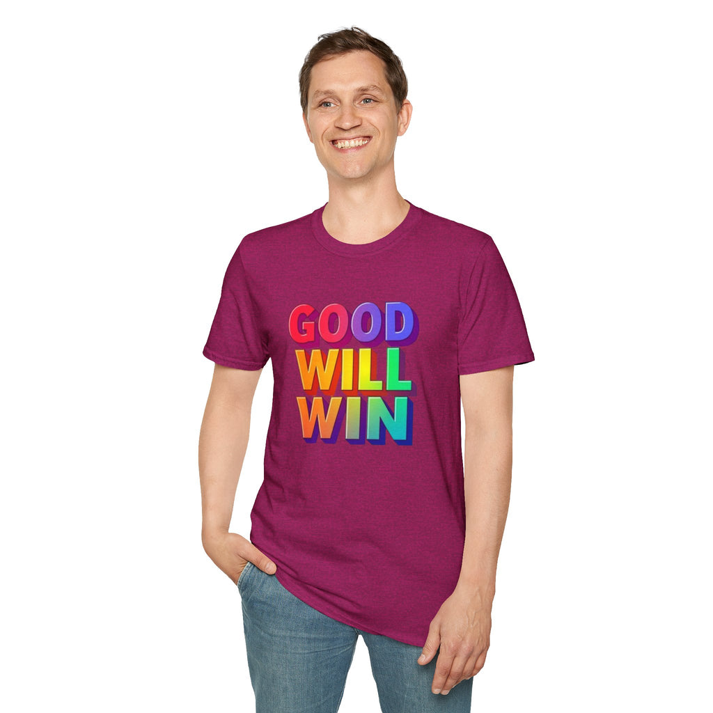 Camiseta unisex de estilo suave con mensaje positivo "Arcoíris, buena voluntad, triunfo"