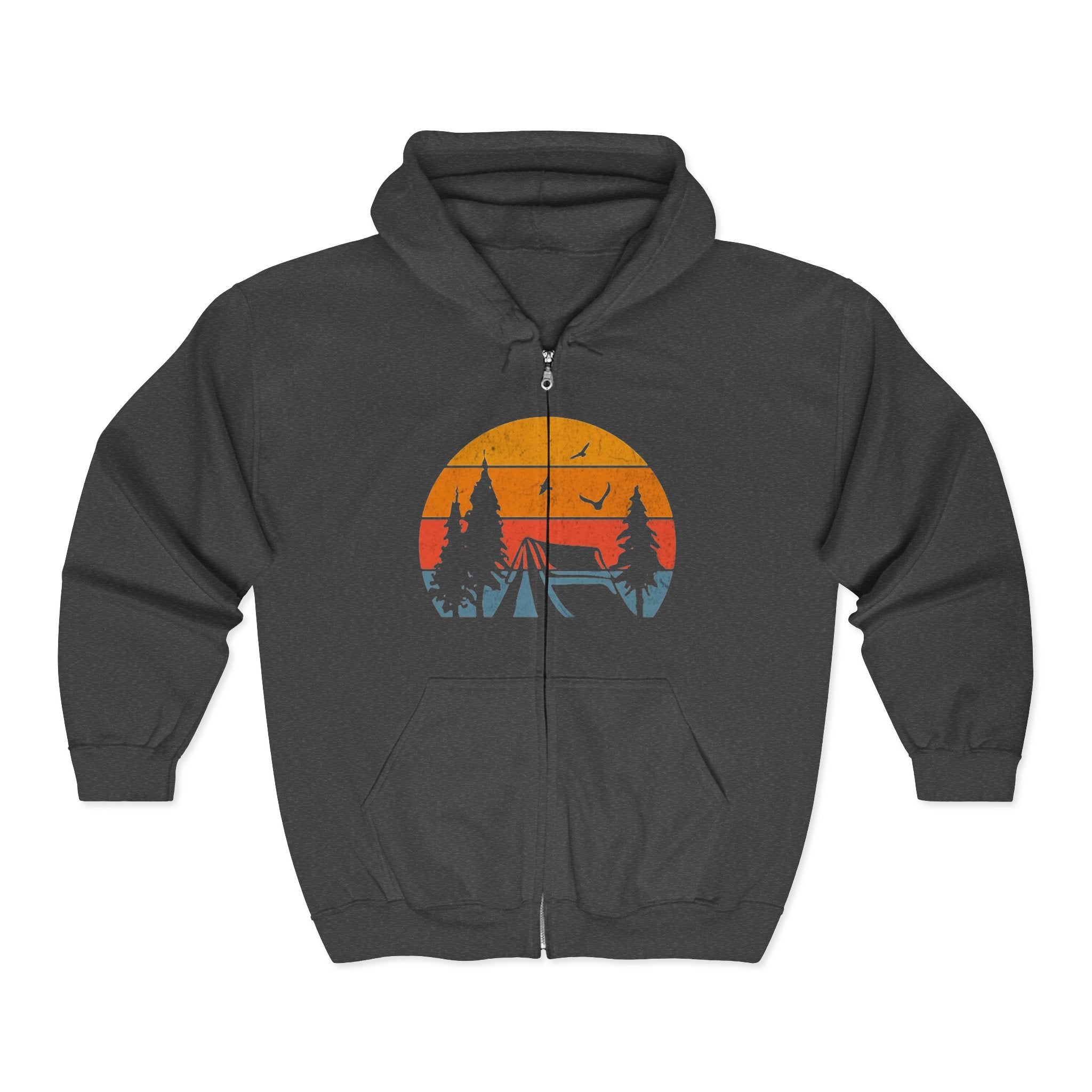 Camping Scene Hoodie, Outdoor Adventure Sweatshirt, Nature Lover Gift, Full Zip Hooded Jacket, Men Women Unisex Clothing