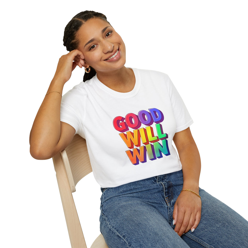 Camiseta unisex de estilo suave con mensaje positivo "Arcoíris, buena voluntad, triunfo"