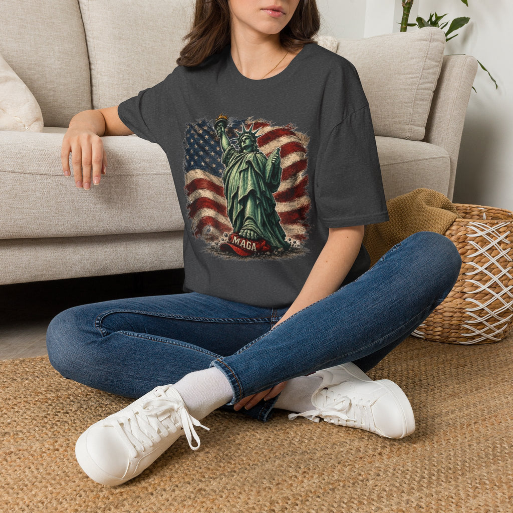 Statue of Liberty Stepping on MAGA American Flag T-Shirt — Patriotic USA Independence Day Tee