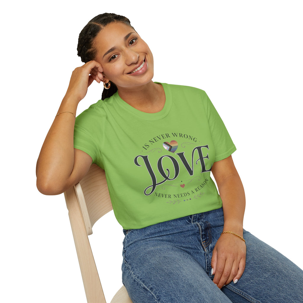 Love Is Never Wrong T-Shirt — LGBTQ+ Pride Heart Tee
