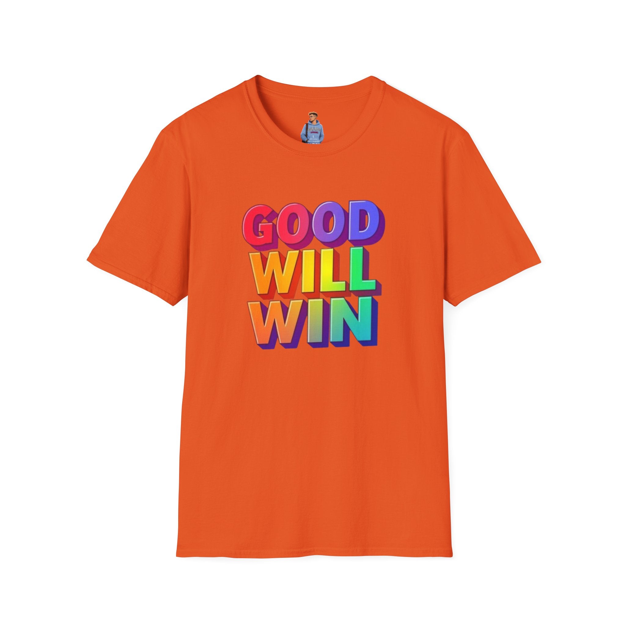 Camiseta unisex de estilo suave con mensaje positivo "Arcoíris, buena voluntad, triunfo"