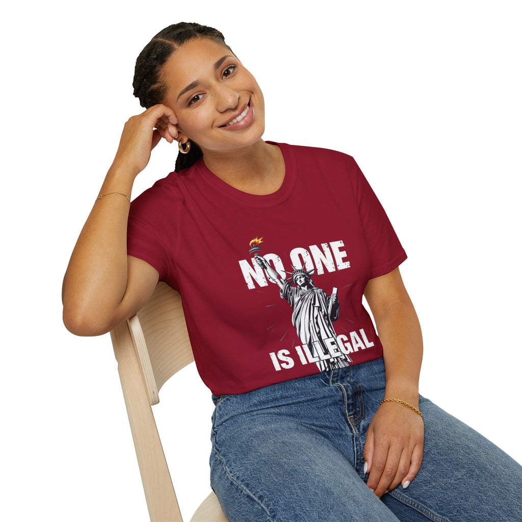 Camiseta unisex de estilo suave: camiseta gráfica con el lema "Nadie es ilegal" para defensores de la justicia social