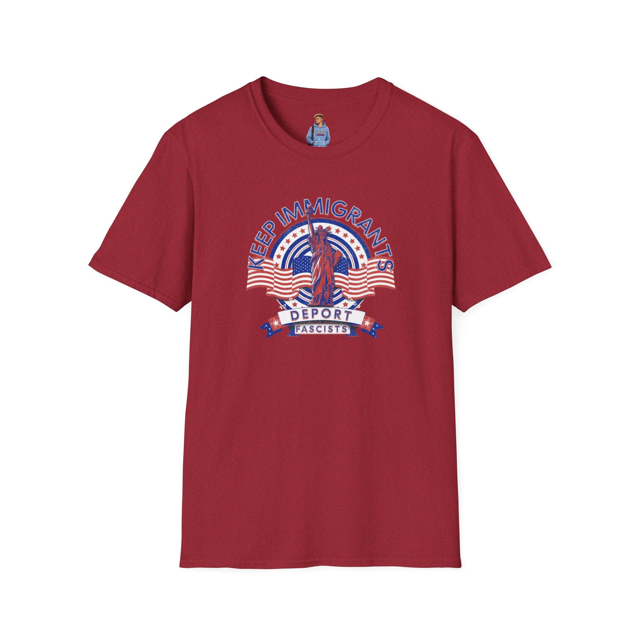 Camiseta unisex Patriota estadounidense: Mantengamos a los inmigrantes y deportemos a los fascistas: celebremos la libertad y la diversidad
