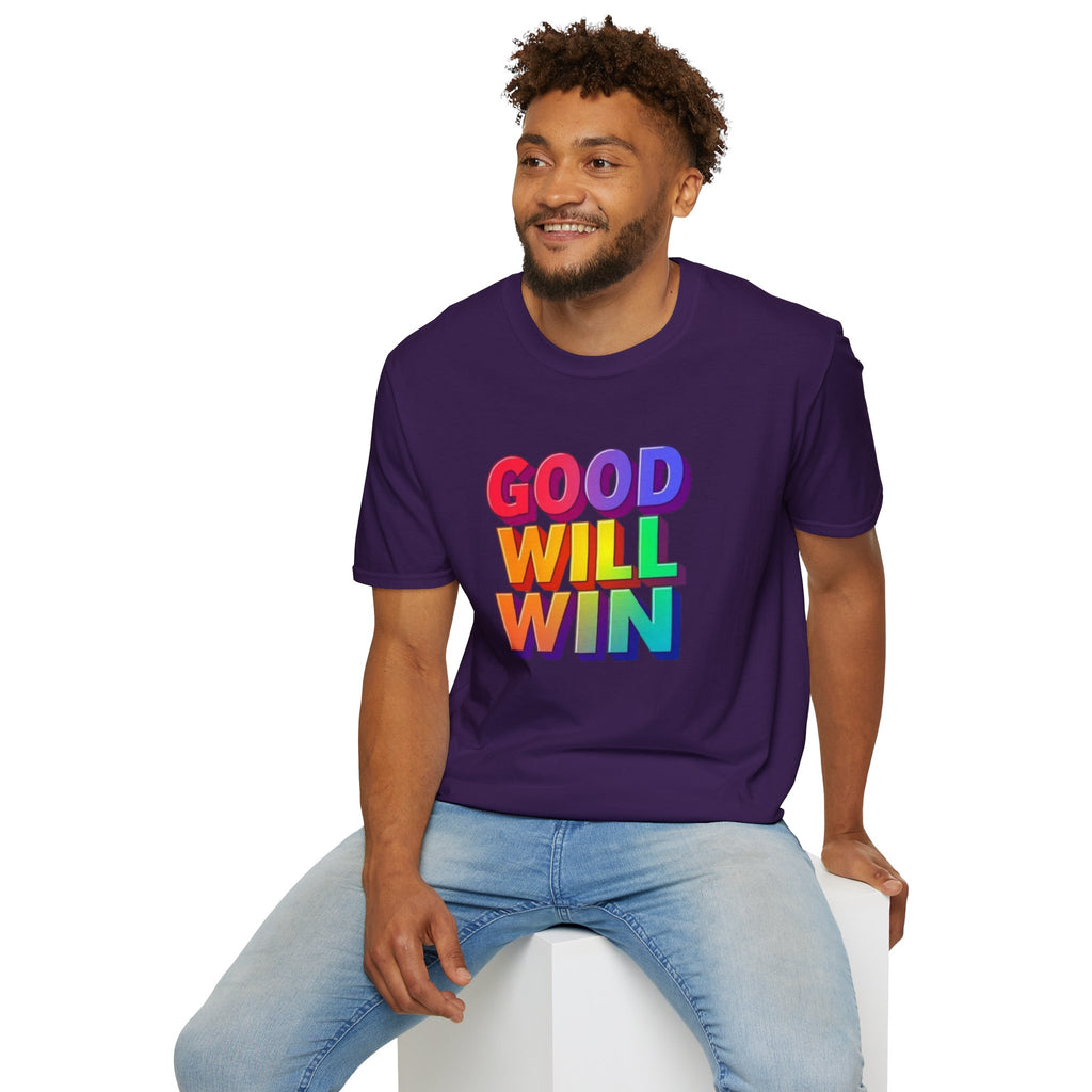 Camiseta unisex de estilo suave con mensaje positivo "Arcoíris, buena voluntad, triunfo"