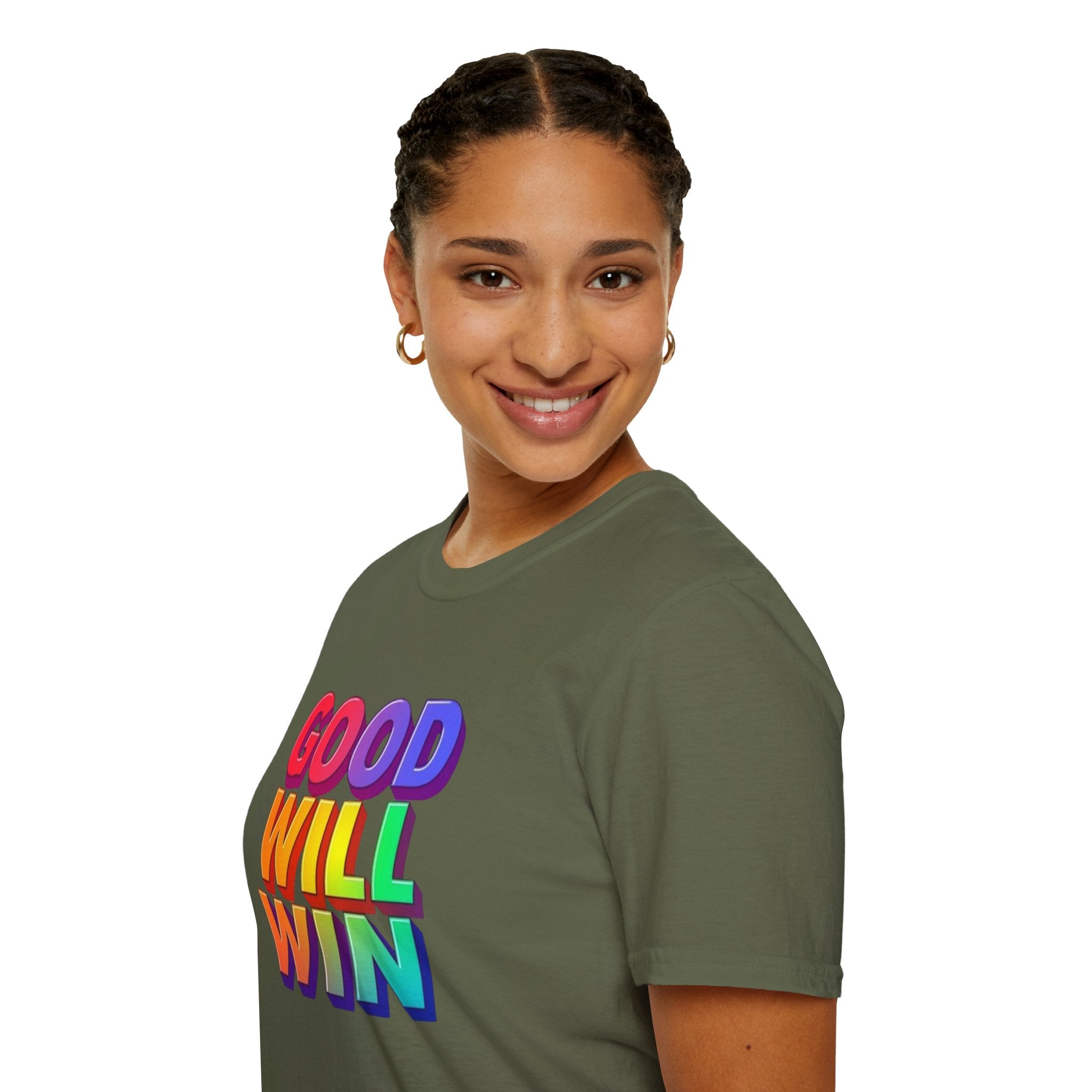 Camiseta unisex de estilo suave con mensaje positivo "Arcoíris, buena voluntad, triunfo"