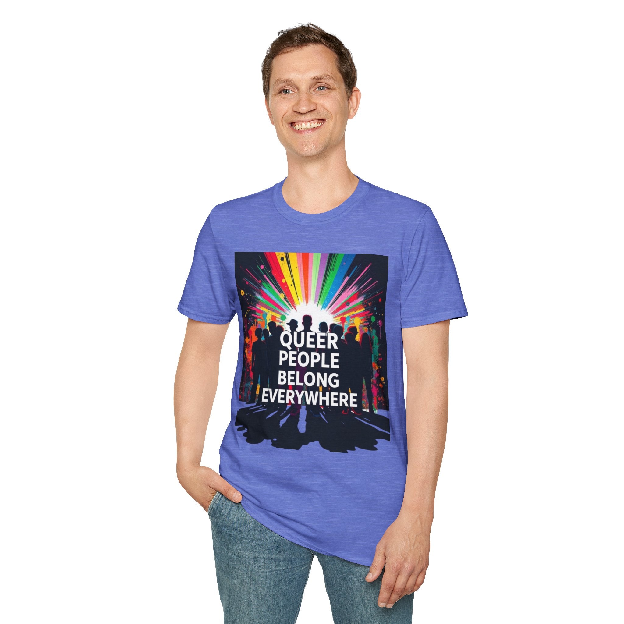 Unisex Softstyle T-Shirt - 'Queer People Belong Everywhere' Pride Graphic Tee
