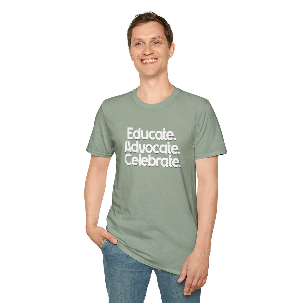 Educate. Advocate. Celebrate. Minimalist Pride T-Shirt