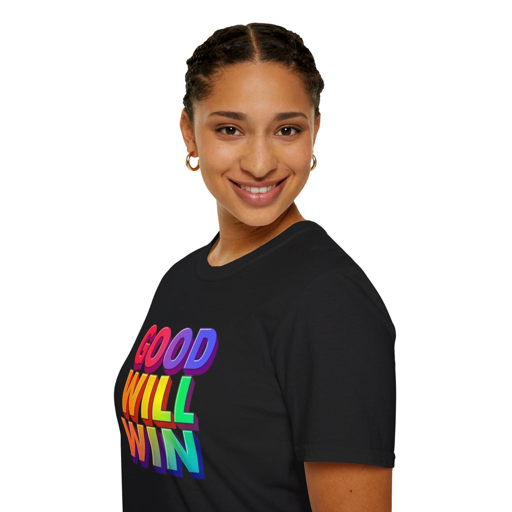 Camiseta unisex de estilo suave con mensaje positivo "Arcoíris, buena voluntad, triunfo"