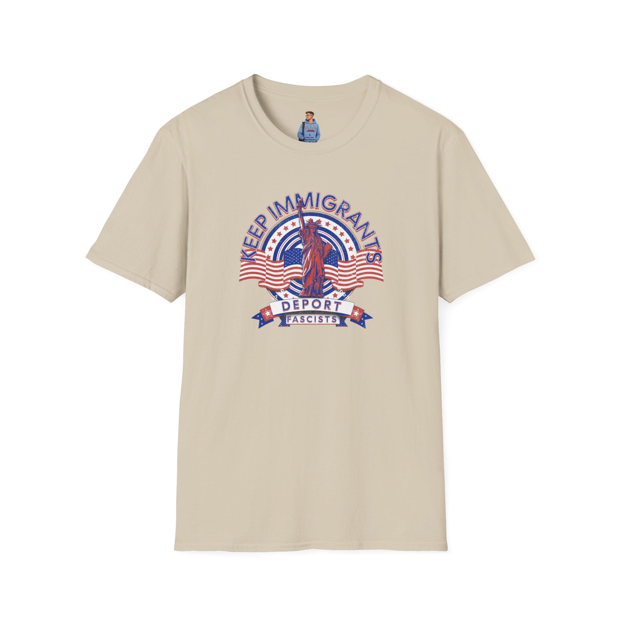 Camiseta unisex Patriota estadounidense: Mantengamos a los inmigrantes y deportemos a los fascistas: celebremos la libertad y la diversidad