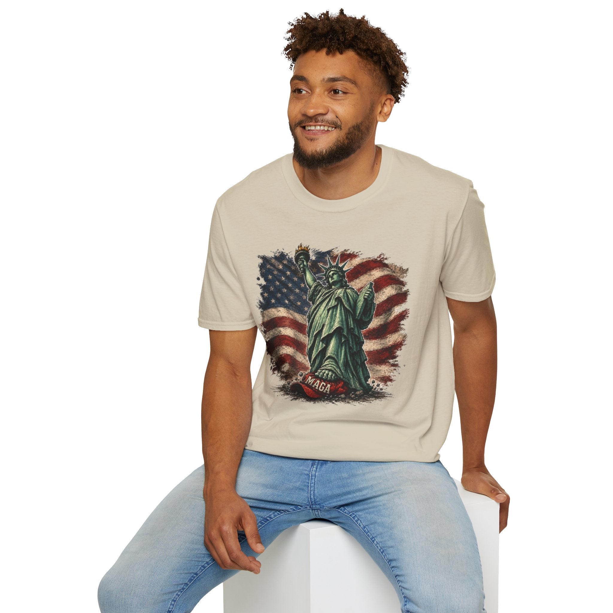 Statue of Liberty Stepping on MAGA American Flag T-Shirt — Patriotic USA Independence Day Tee