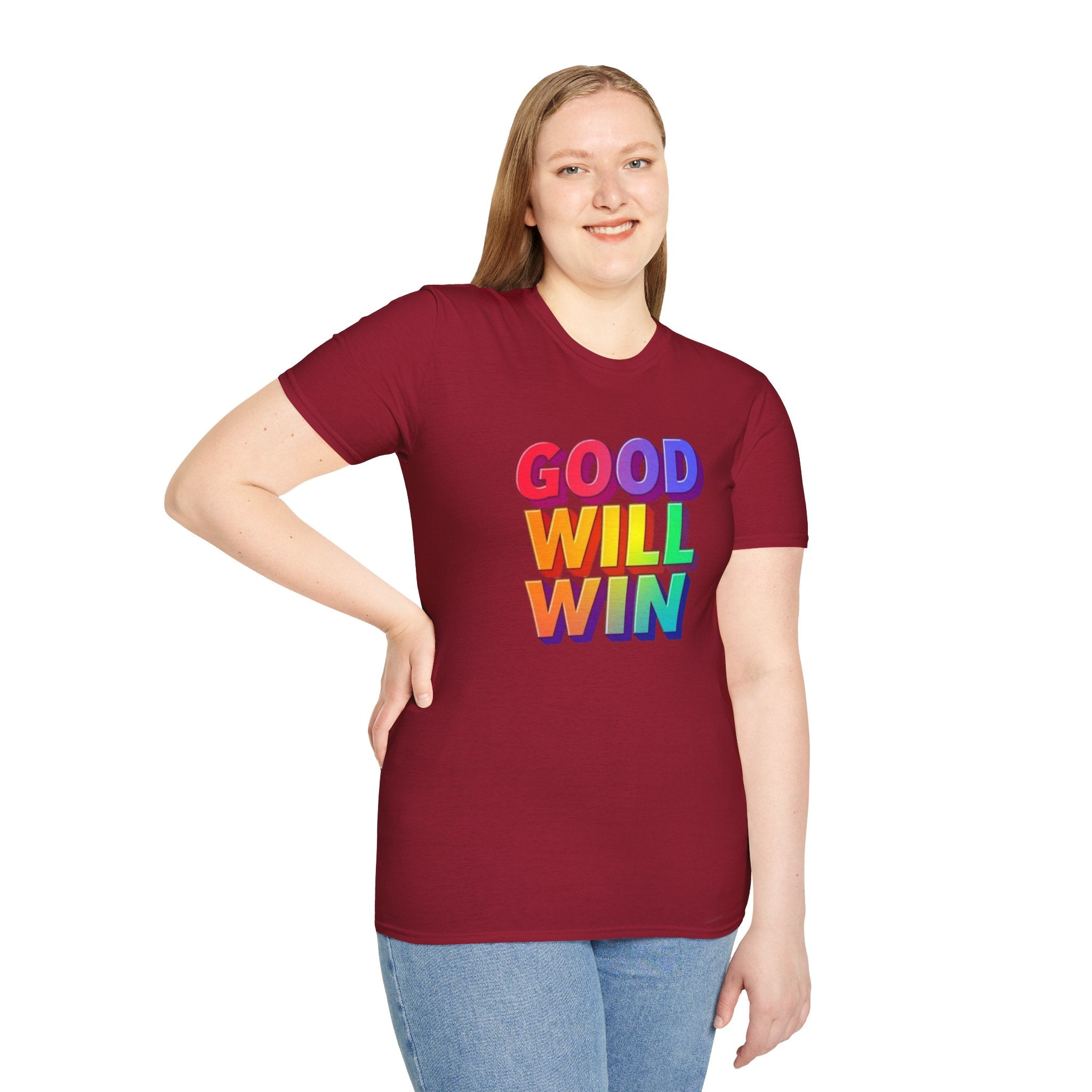 Camiseta unisex de estilo suave con mensaje positivo "Arcoíris, buena voluntad, triunfo"
