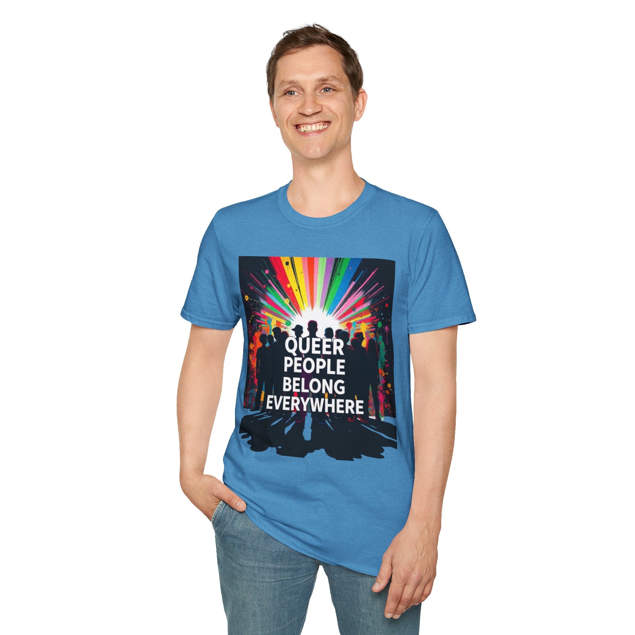 Unisex Softstyle T-Shirt - 'Queer People Belong Everywhere' Pride Graphic Tee