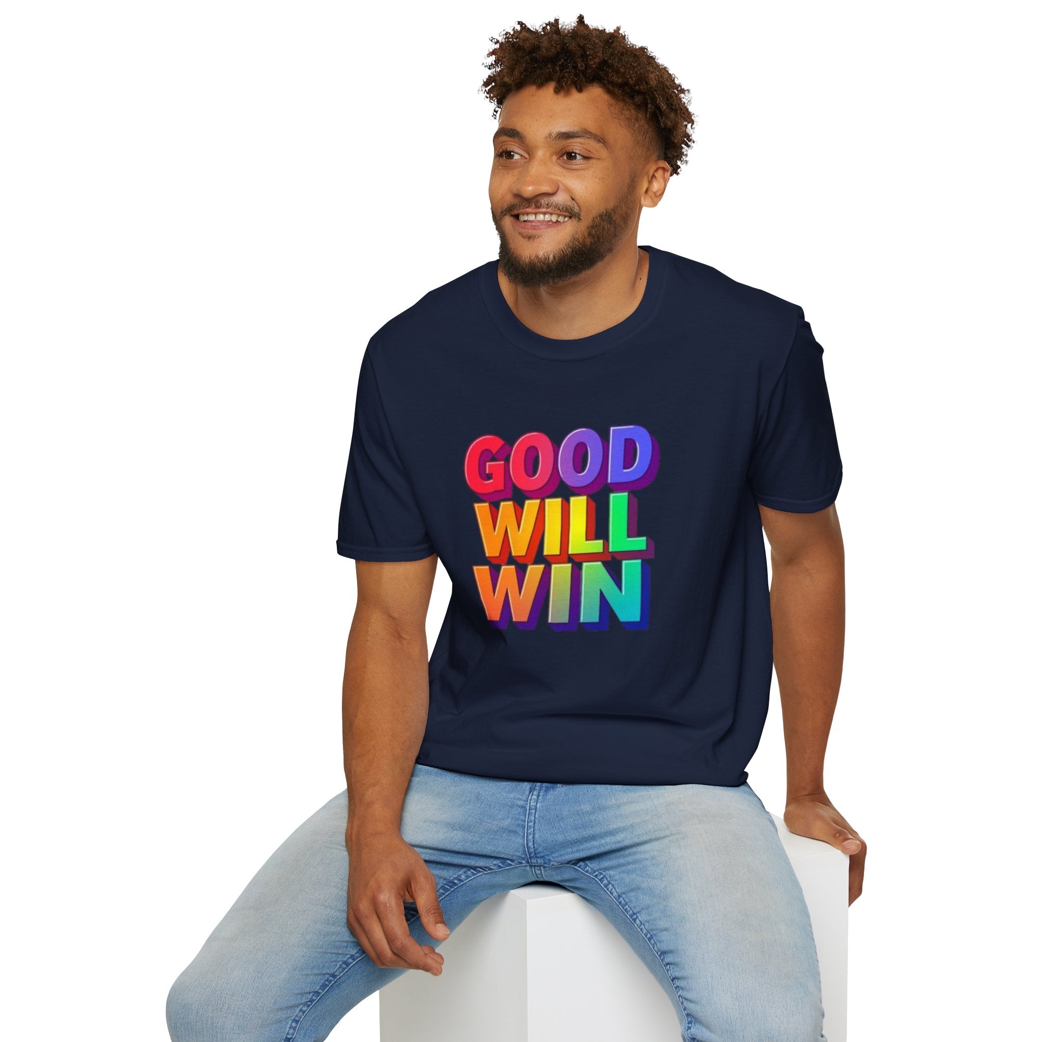 Camiseta unisex de estilo suave con mensaje positivo "Arcoíris, buena voluntad, triunfo"