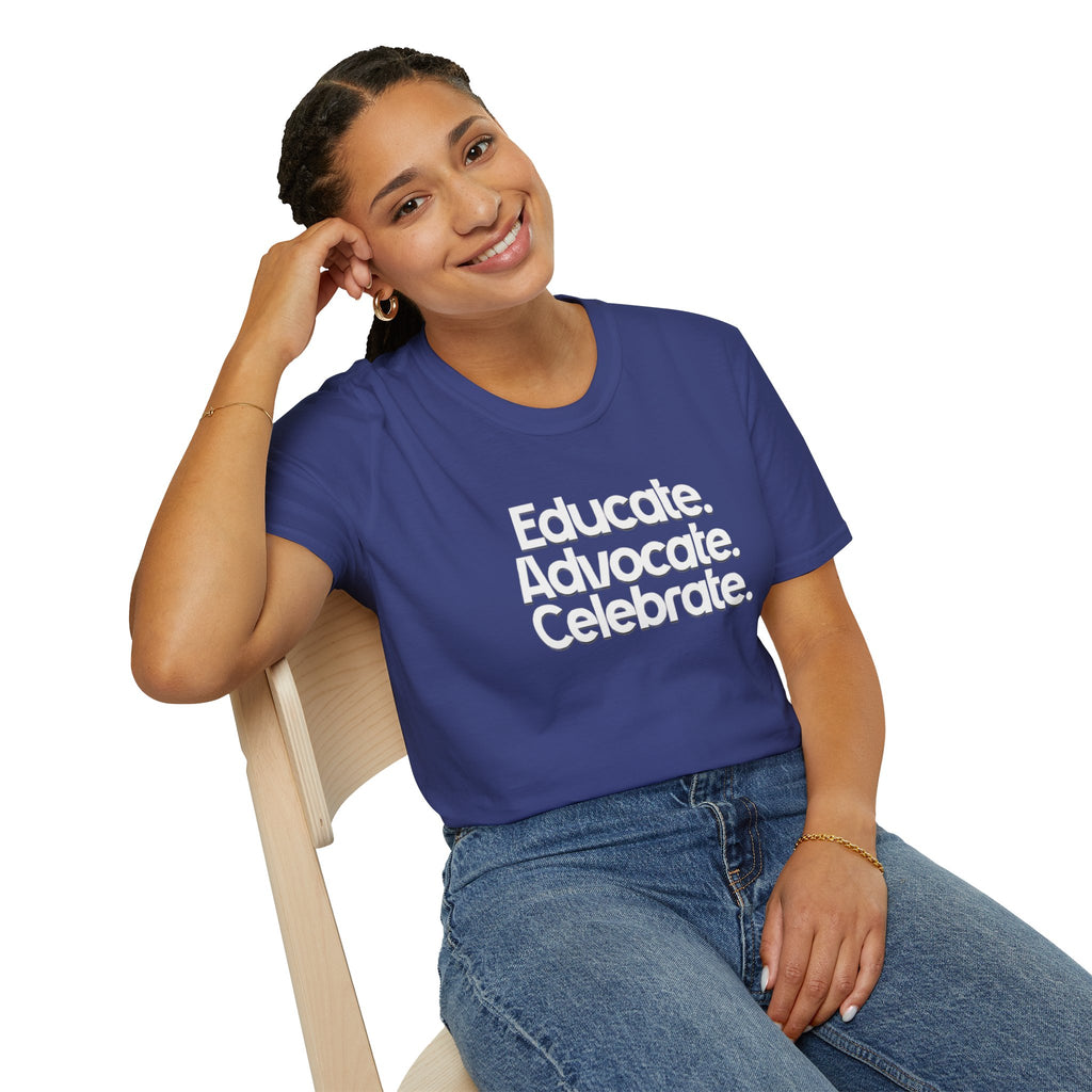 Educate. Advocate. Celebrate. Minimalist Pride T-Shirt