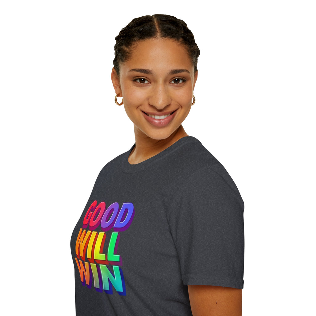 Camiseta unisex de estilo suave con mensaje positivo "Arcoíris, buena voluntad, triunfo"