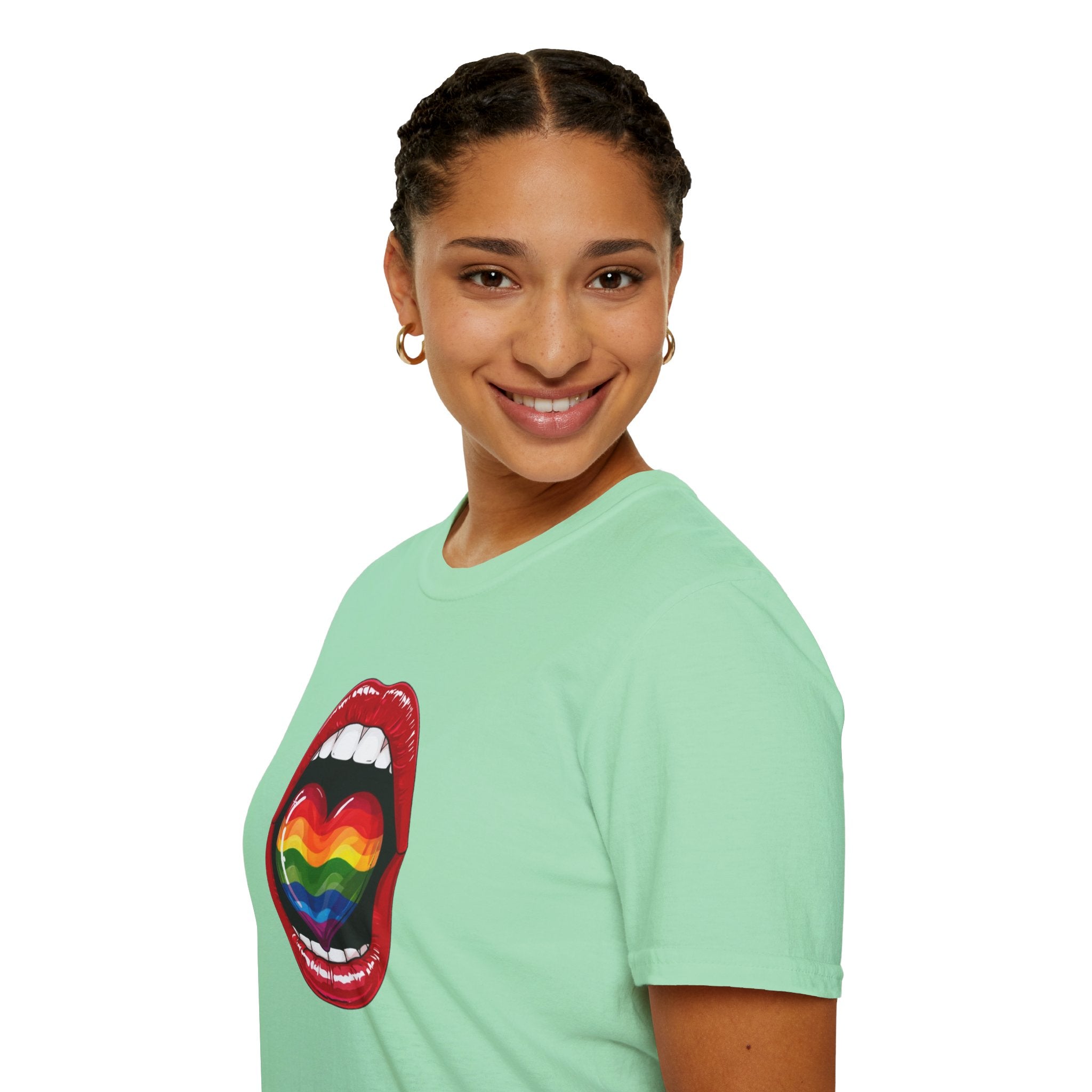 Pride Love Unisex Softstyle T-Shirt | LGBTQ+ Rainbow Heart Design