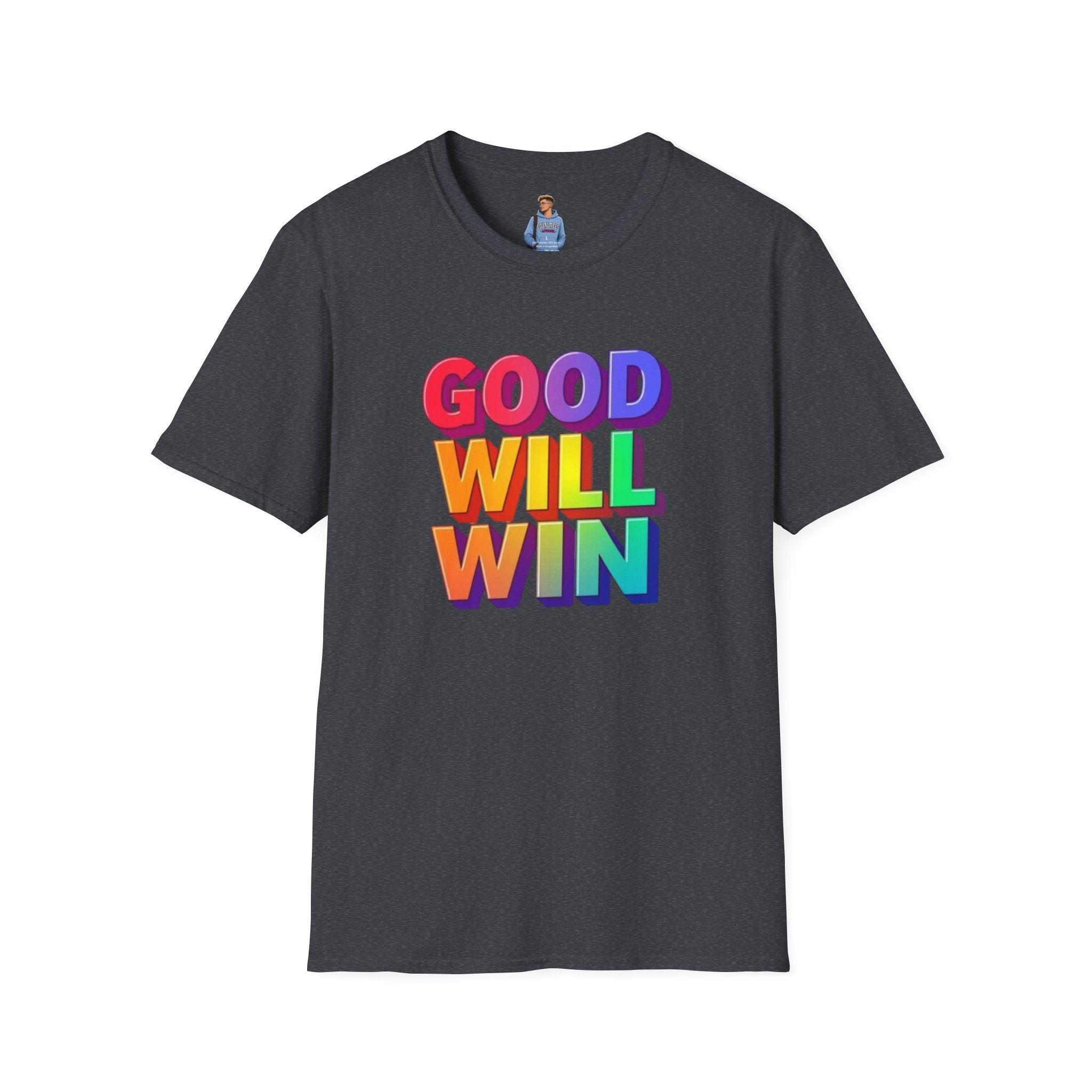 Camiseta unisex de estilo suave con mensaje positivo "Arcoíris, buena voluntad, triunfo"