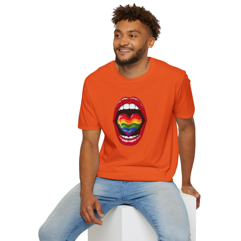 Pride Love Unisex Softstyle T-Shirt | LGBTQ+ Rainbow Heart Design