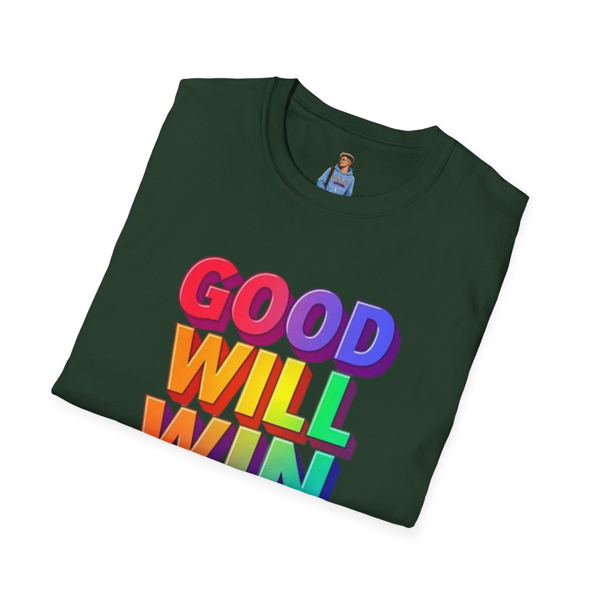 Camiseta unisex de estilo suave con mensaje positivo "Arcoíris, buena voluntad, triunfo"