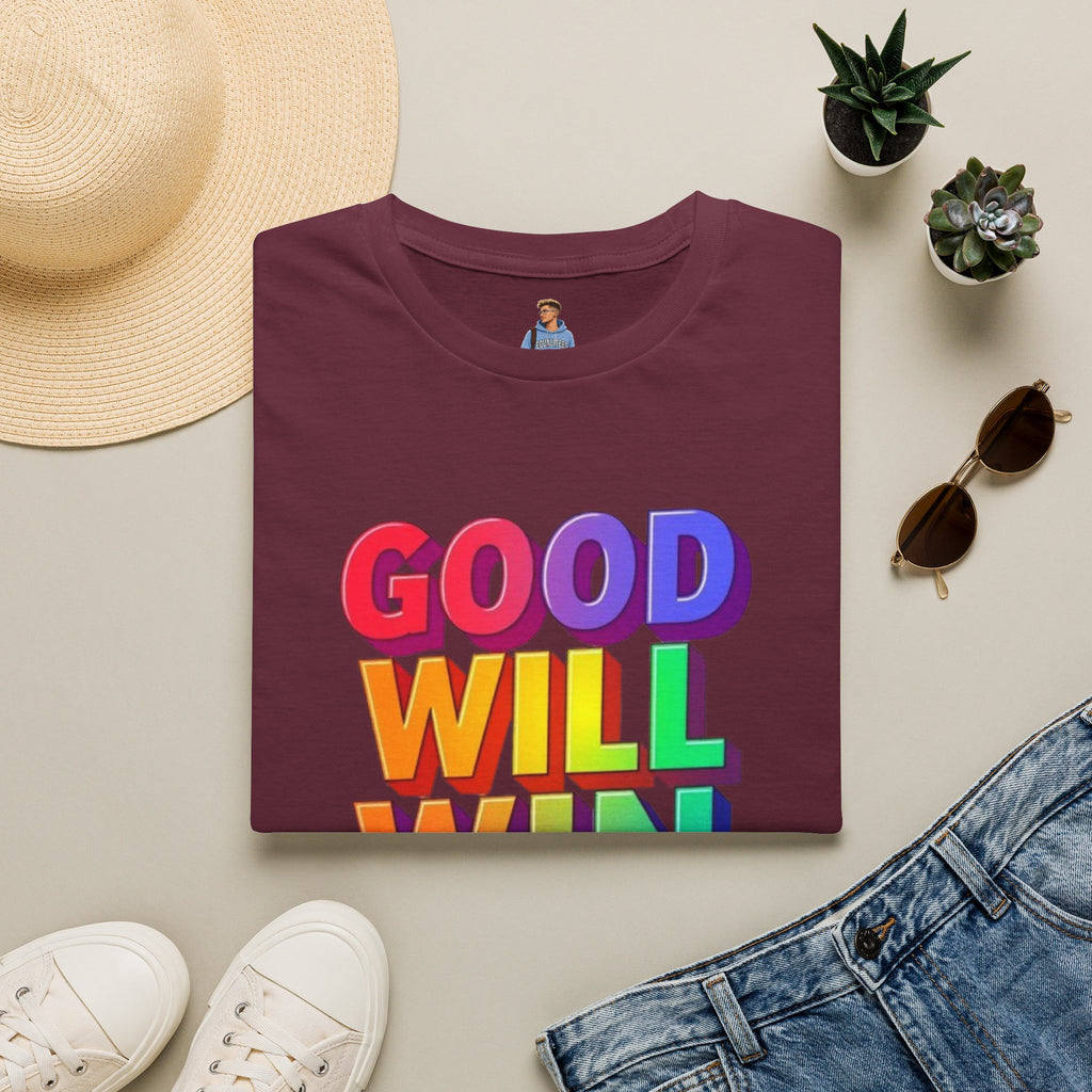 Camiseta unisex de estilo suave con mensaje positivo "Arcoíris, buena voluntad, triunfo"