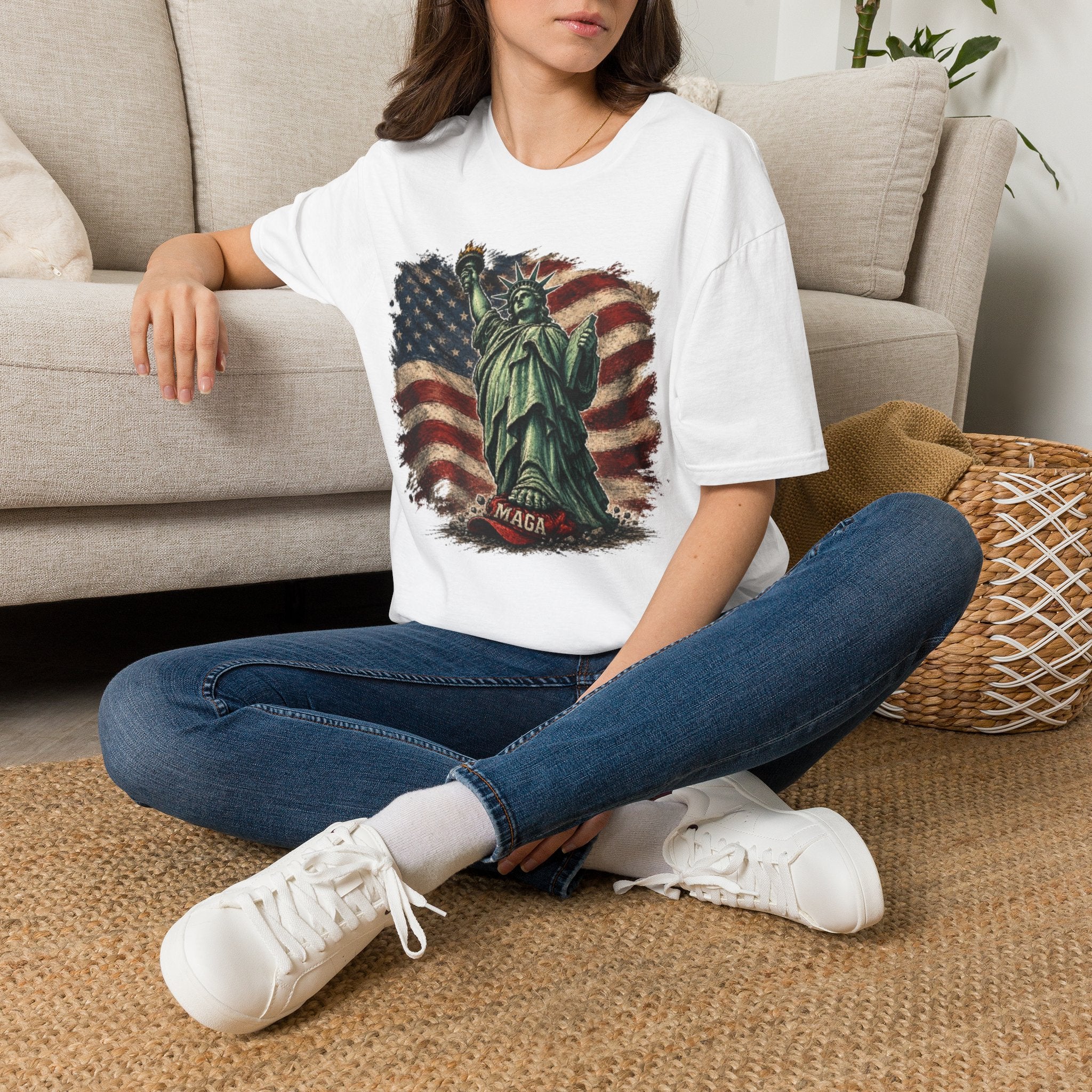 Statue of Liberty Stepping on MAGA American Flag T-Shirt — Patriotic USA Independence Day Tee