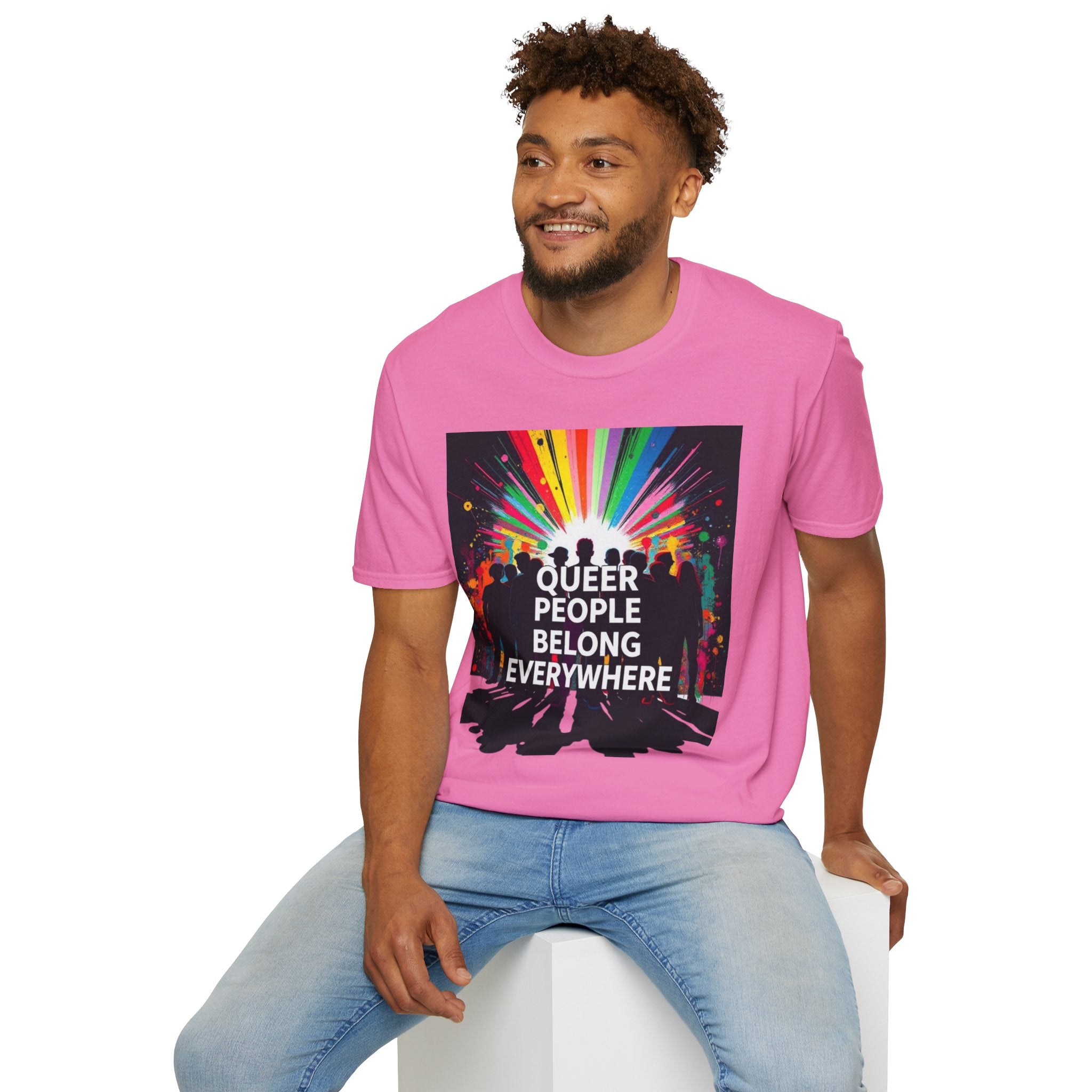 Unisex Softstyle T-Shirt - 'Queer People Belong Everywhere' Pride Graphic Tee