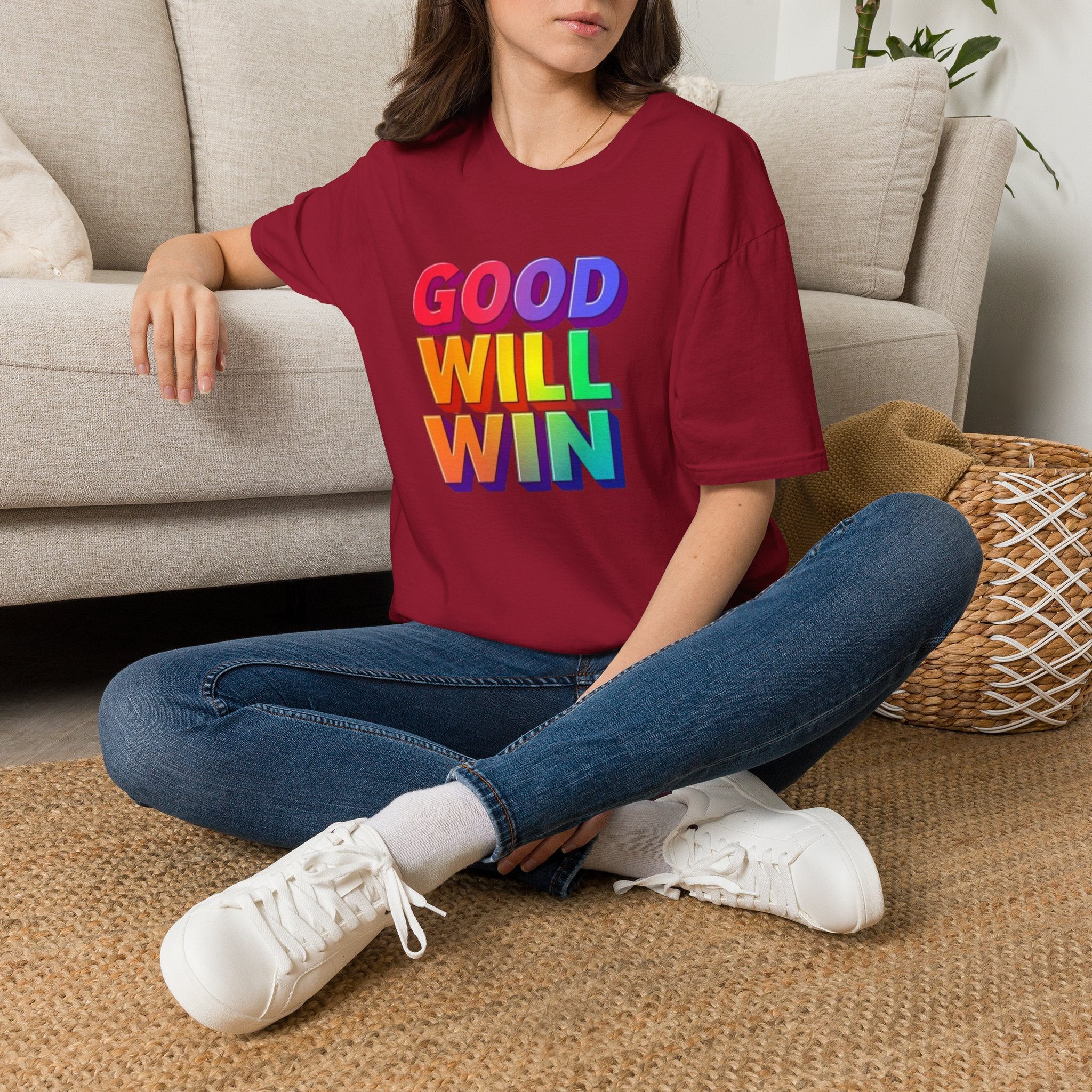 Camiseta unisex de estilo suave con mensaje positivo "Arcoíris, buena voluntad, triunfo"