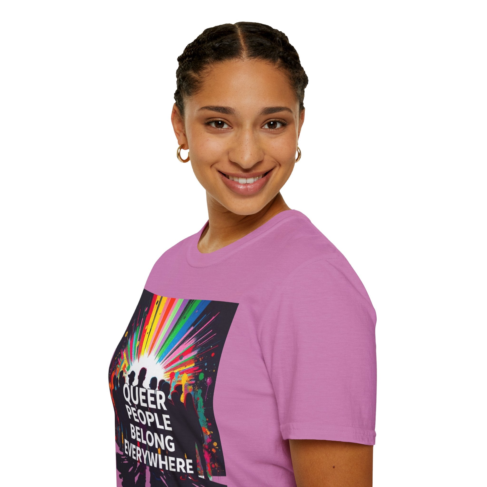 Unisex Softstyle T-Shirt - 'Queer People Belong Everywhere' Pride Graphic Tee