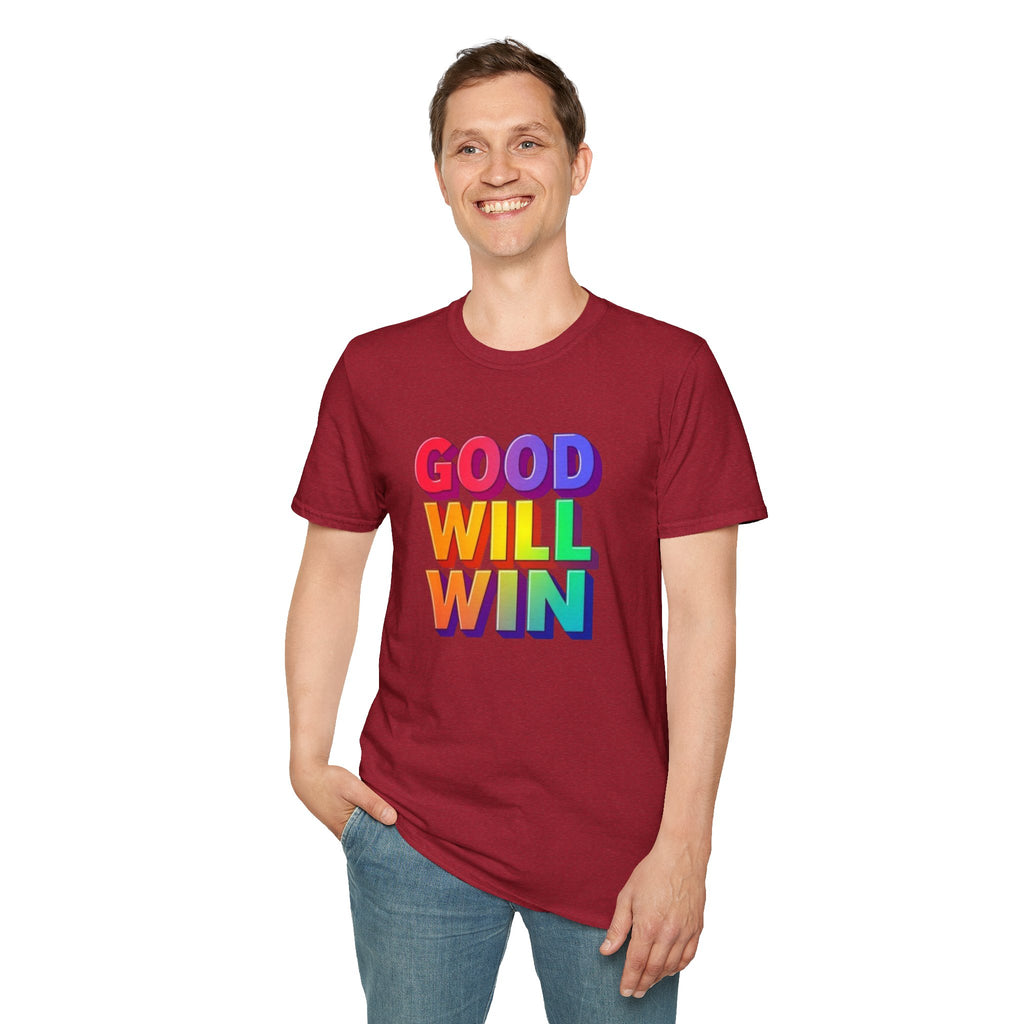 Camiseta unisex de estilo suave con mensaje positivo "Arcoíris, buena voluntad, triunfo"
