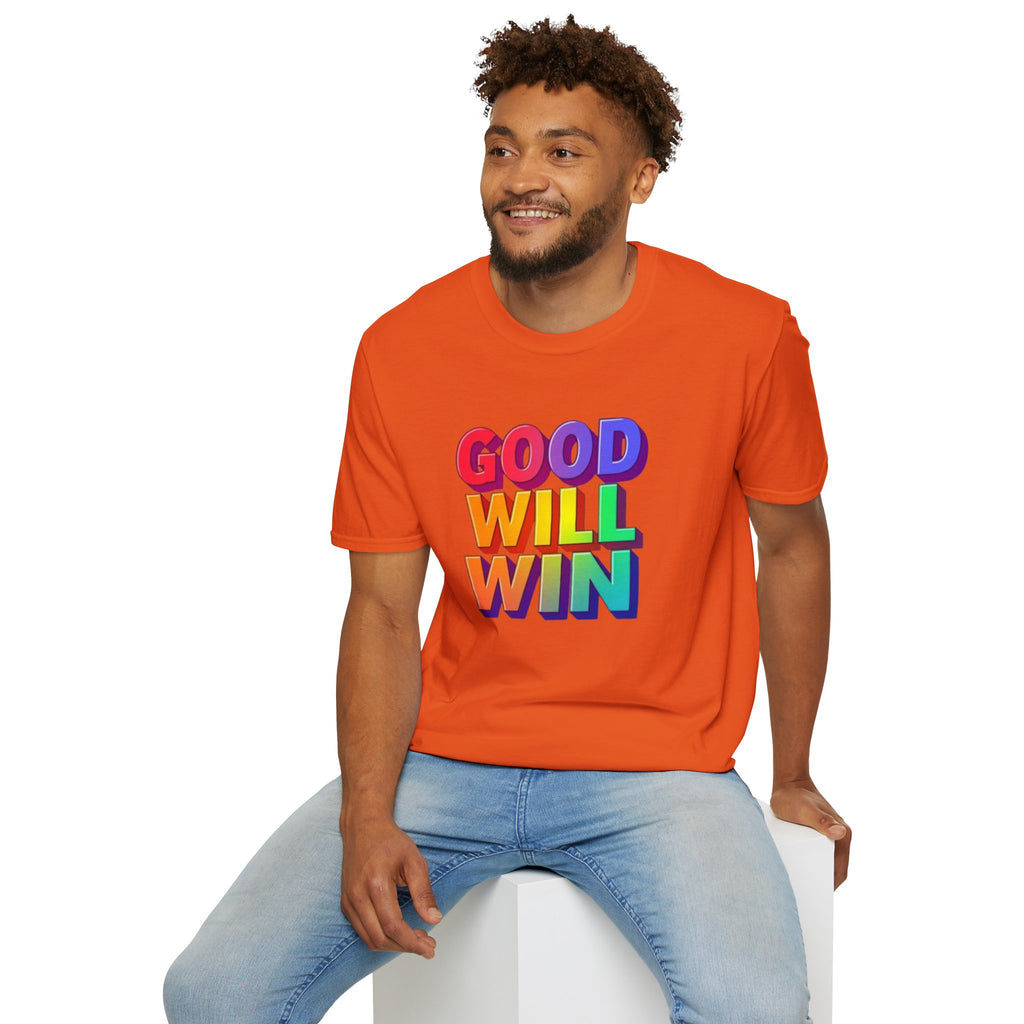Camiseta unisex de estilo suave con mensaje positivo "Arcoíris, buena voluntad, triunfo"