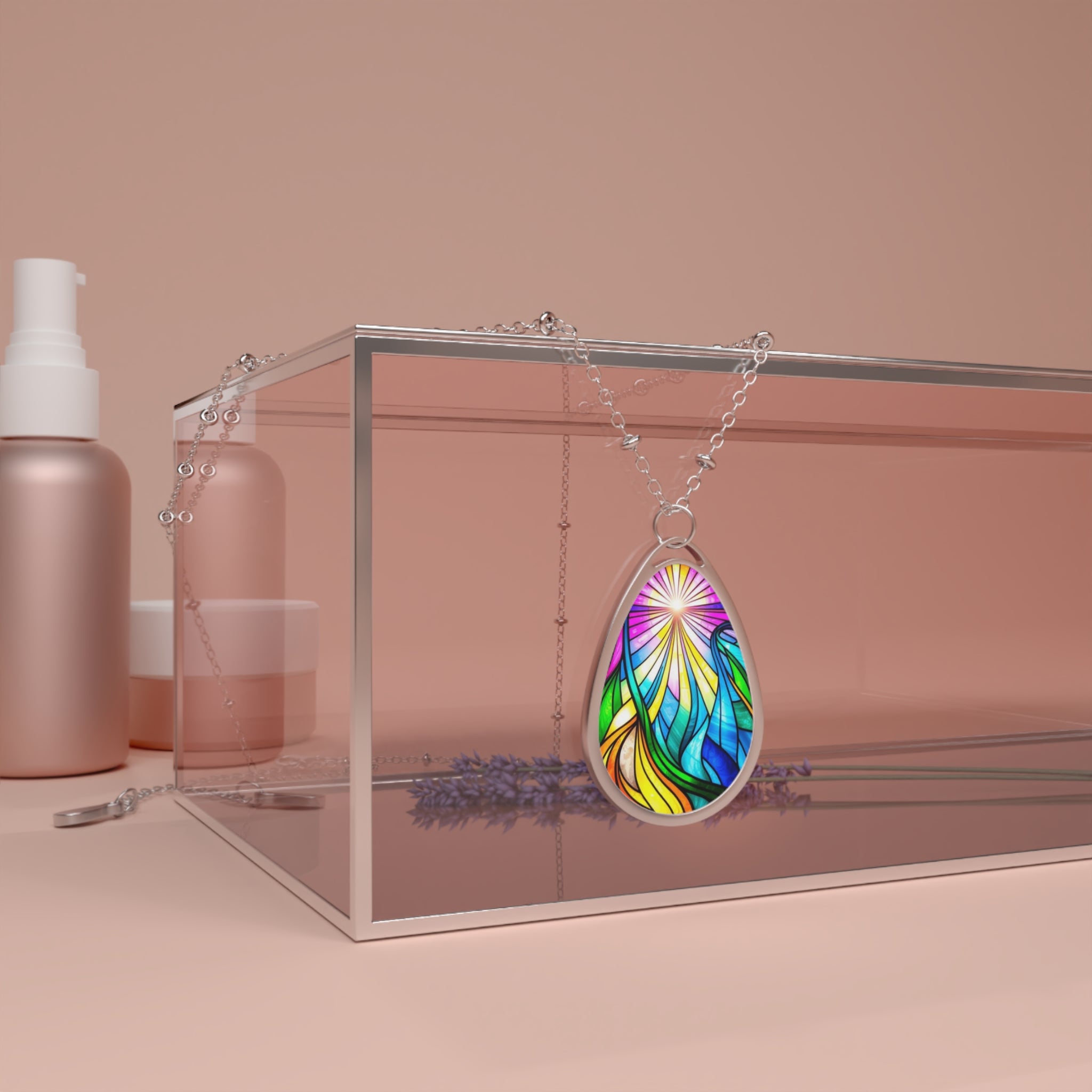 Colorful Stained Glass Teardrop Pendant Necklace