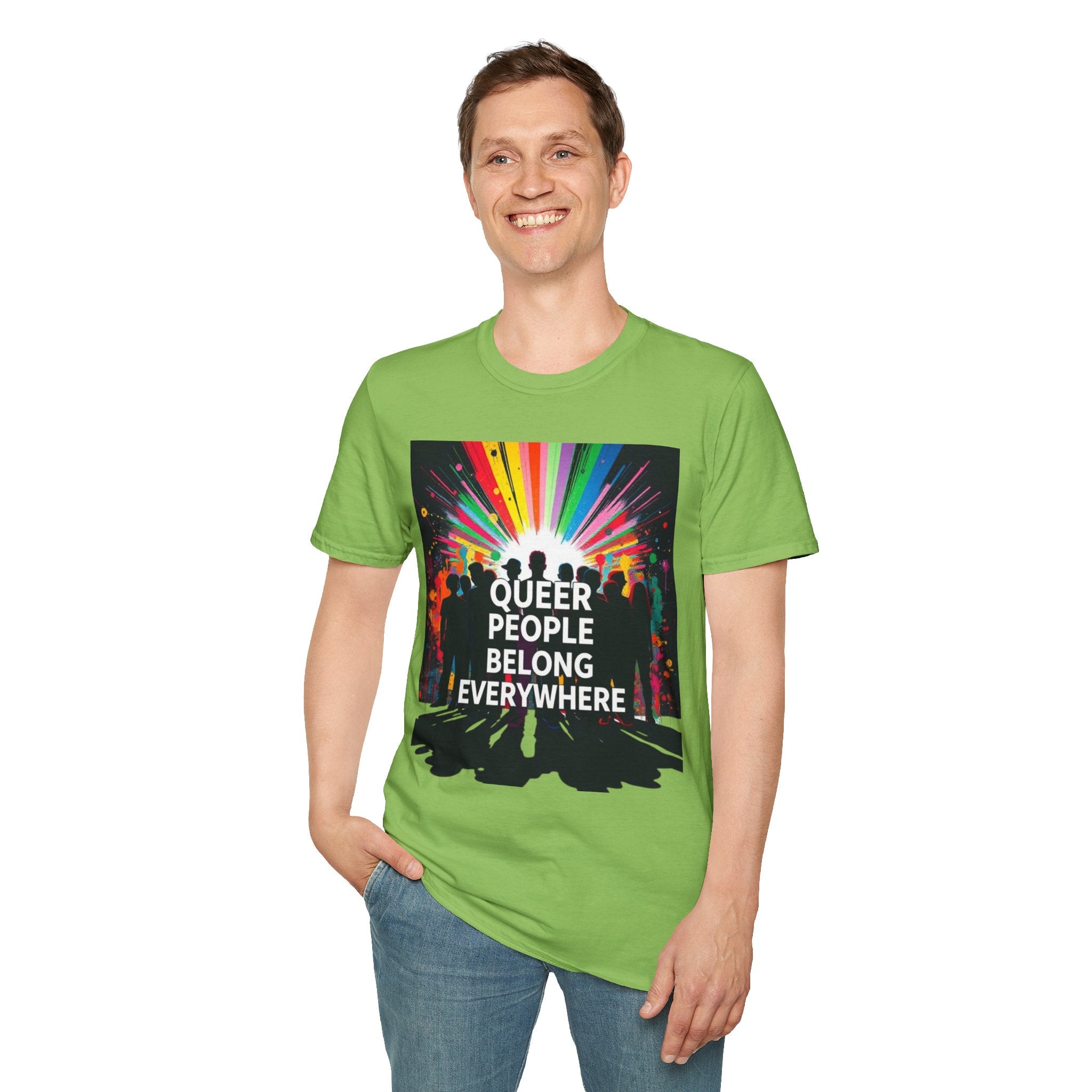 Unisex Softstyle T-Shirt - 'Queer People Belong Everywhere' Pride Graphic Tee